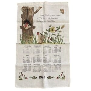 Linen Cotton Kitchen Dish 1986 Calendar Tea Towel Snail Strawberry Critter Flowe